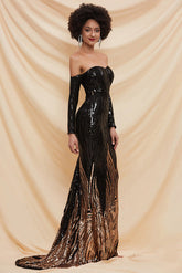 Vestido formal de noche con lentejuelas negras y hombros descubiertos para fiesta de graduación